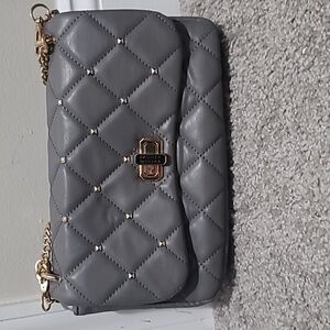 New Badgley Mischka Vegan Leather Quilted Shoulder Crossbody Bag Studs Grey
